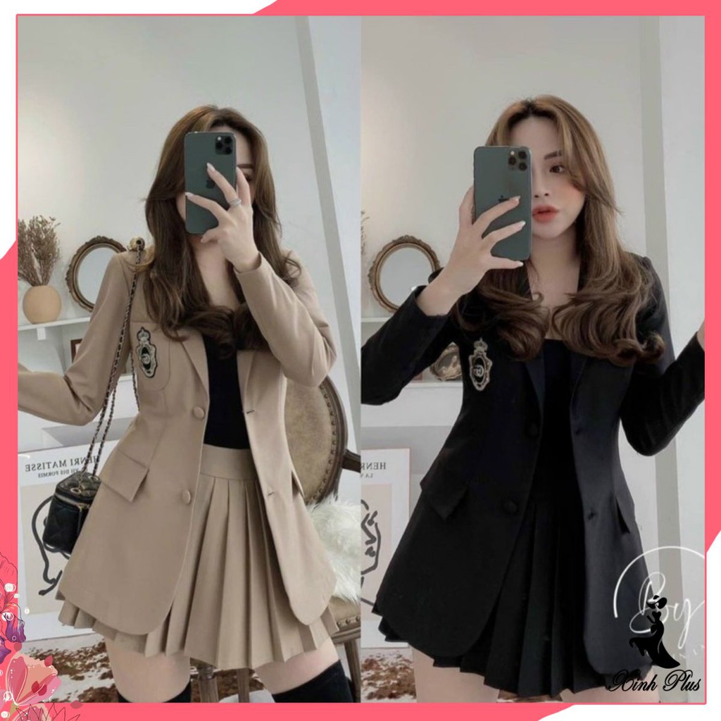 Set vest huy hiệu 3 món kèm chân váy xếp ly dễ thương