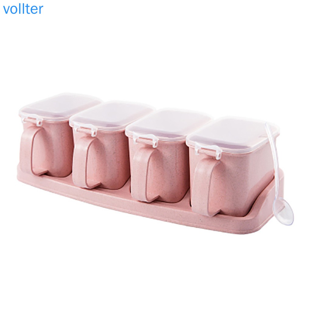 Bộ hộp đựng gia vị 4 ngăn có muỗng nhỏ sử dụng tiện lợi