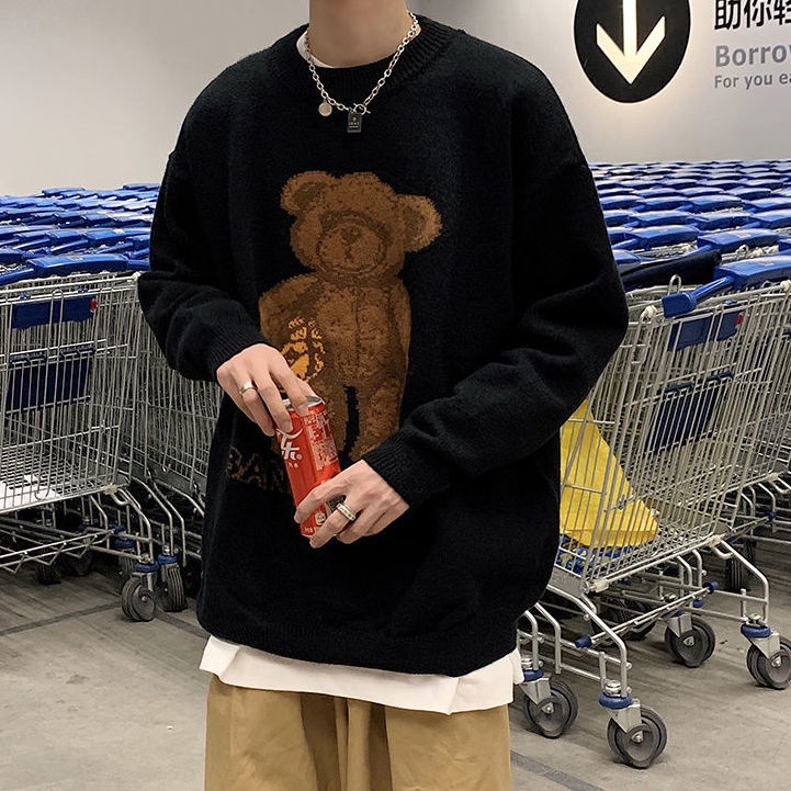 Áo sweater dệt kim dáng rộng in hình gấu hoạt hình kiểu Nhật Bản thời trang thu đông cho nam