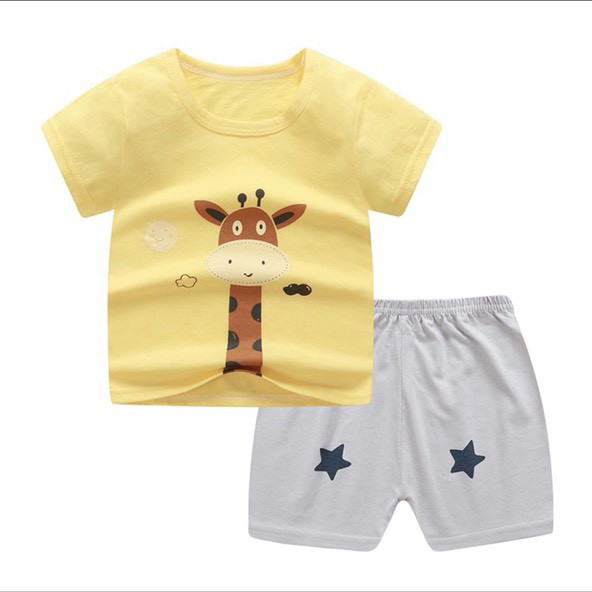 Bộ quần áo cộc tay bé trai KIXI hình in thú giặt không bay, thiết kế cổ tròn, chất liệu cotton co giãn siêu mát CMQA05