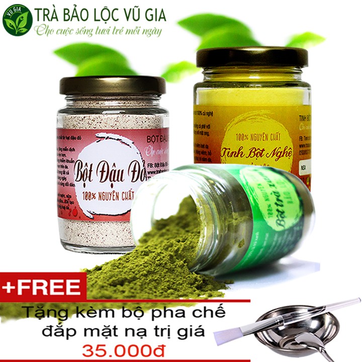 [Bộ 3] Bột Trà Xanh Nguyên Chất 100g + Bột Đậu Đỏ Nguyên Chất 100g + Tinh Bột Nghệ Nguyên Chất 100g + Tặng Bộ Đắp Mặt