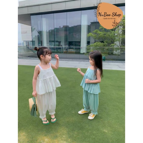 Bộ đũi mặc nhà cho bé gái, bộ đũi quần dài kèm áo hai dây viền bèo cho bé 8-15kg