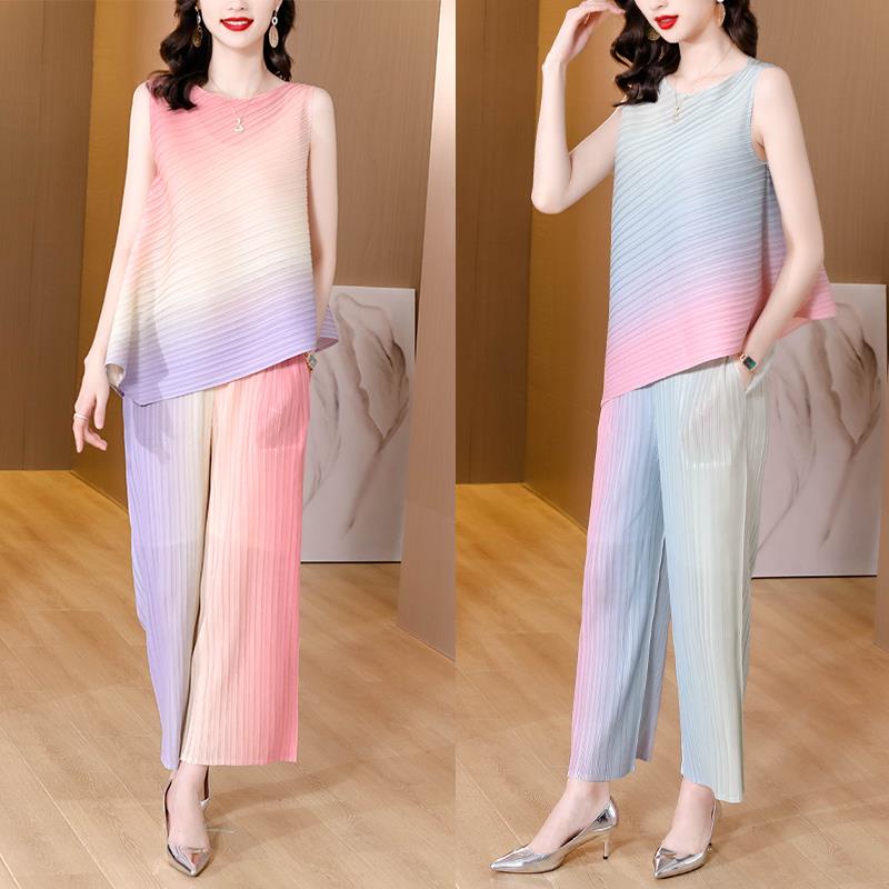 Bộ đồ hai món gồm áo + quần ống rộng dập ly thời trang Hàn Quốc trẻ trung dịu dàng thường ngày cho nữ