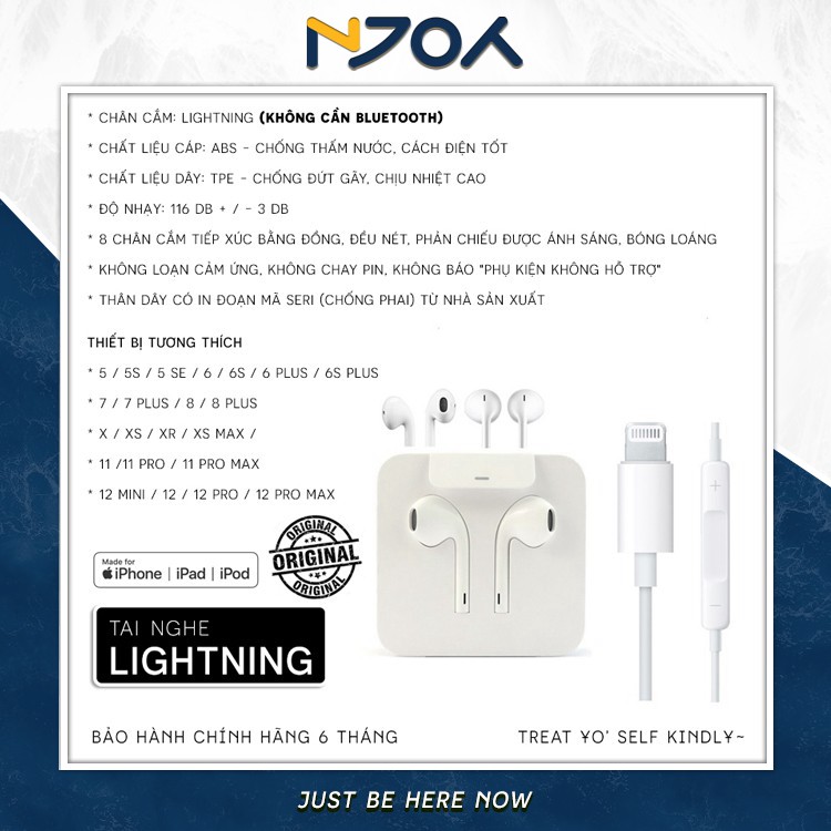 [KHÔNG CẦN BLUETOOTH] TAI NGHE IPHONE 7 8 X XS MAX 11 PRO MAX 12 PRO MAX CỔNG LIGHTNING CHÍNH HÃNG BẢO HÀNH 12 THÁNG