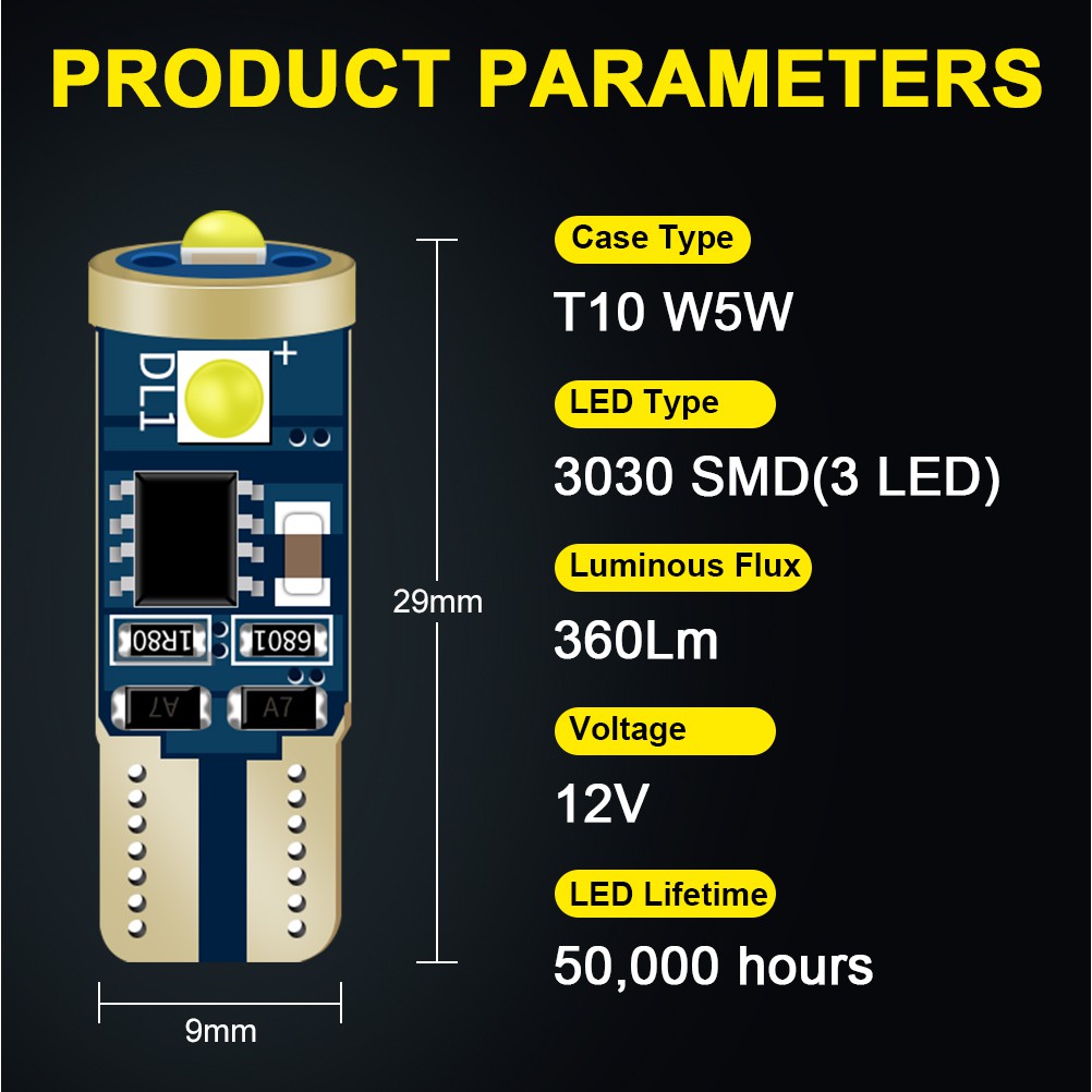 Bóng đèn 3LED T10 W5W 196 168 3030 Chip Canbus Nội thất ô tô không có lỗi Đọc trần Đèn nêm Đèn hậu Đèn pha Đèn biển số