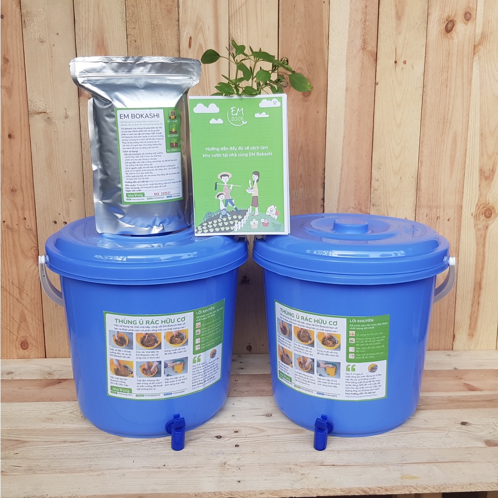 Thùng ủ rác hữu cơ thành phân hữu cơ EM Bokashi - Nhà Vừng (combo 2 thùng 22L + 1 túi EM Bokashi)
