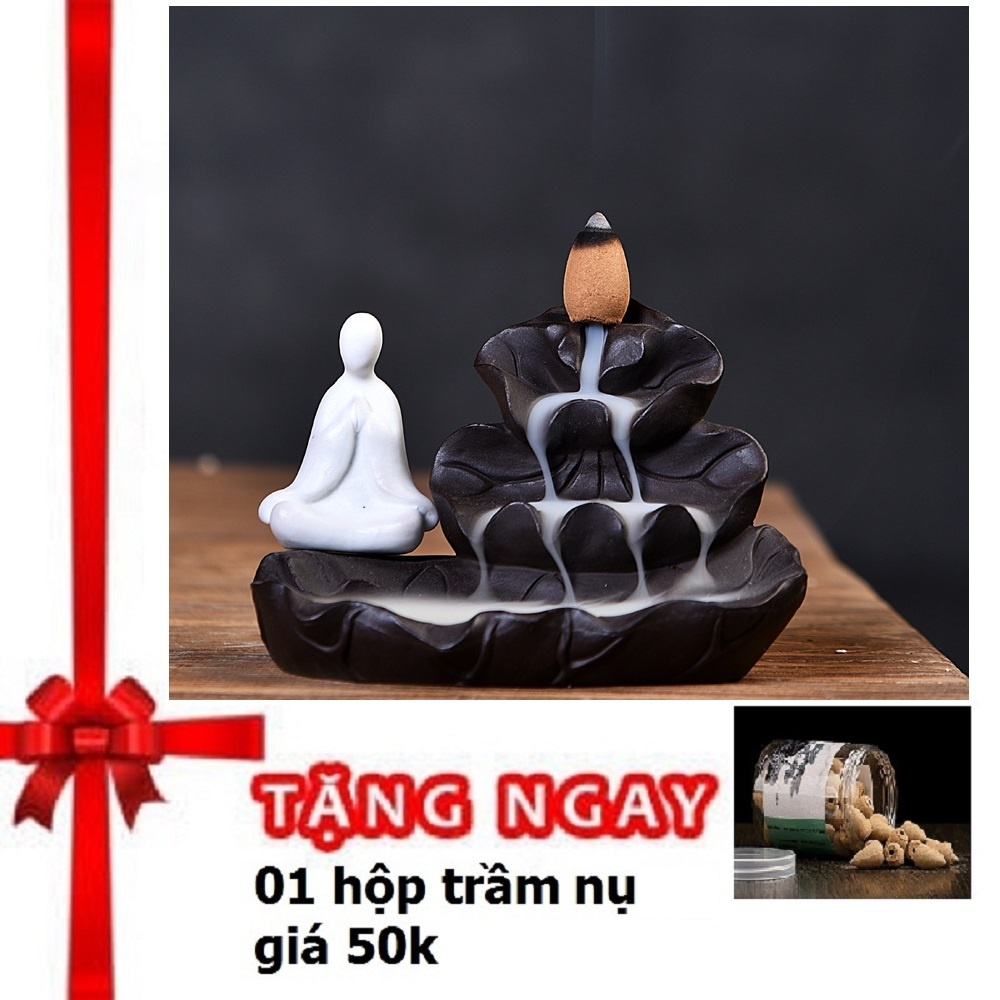 Thác Khói Xông Trầm Hương Phong Thủy kèm tượng phật ngồi thiền bằng gốm