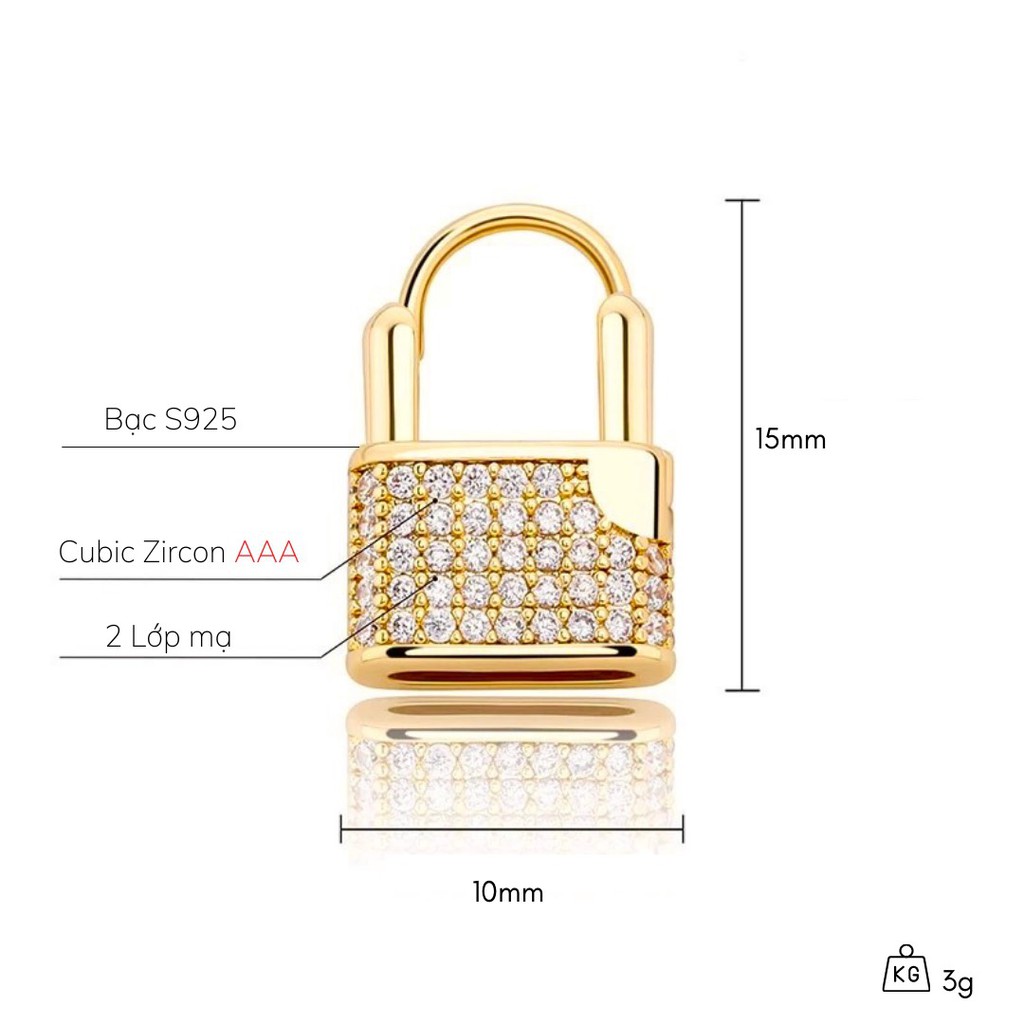 Bông tai Bạc Mạ Vàng Hình Khoá Đính đá Cubic ZirCon AAA cực độc đáo