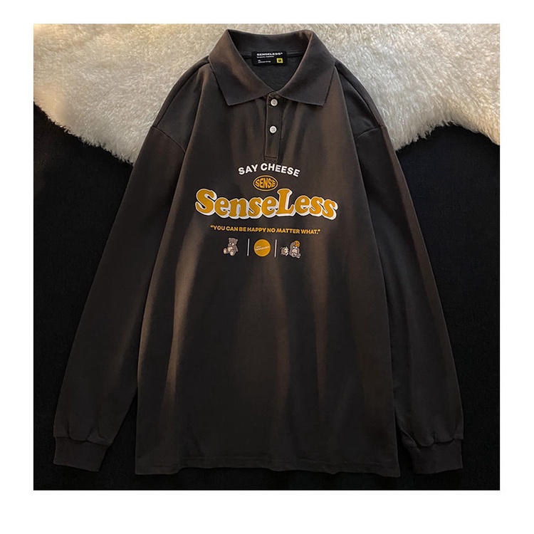 Japanese Retro Cartoon Bear Print Loose Long-sleeved Polo Shirt | BigBuy360 - bigbuy360.vn