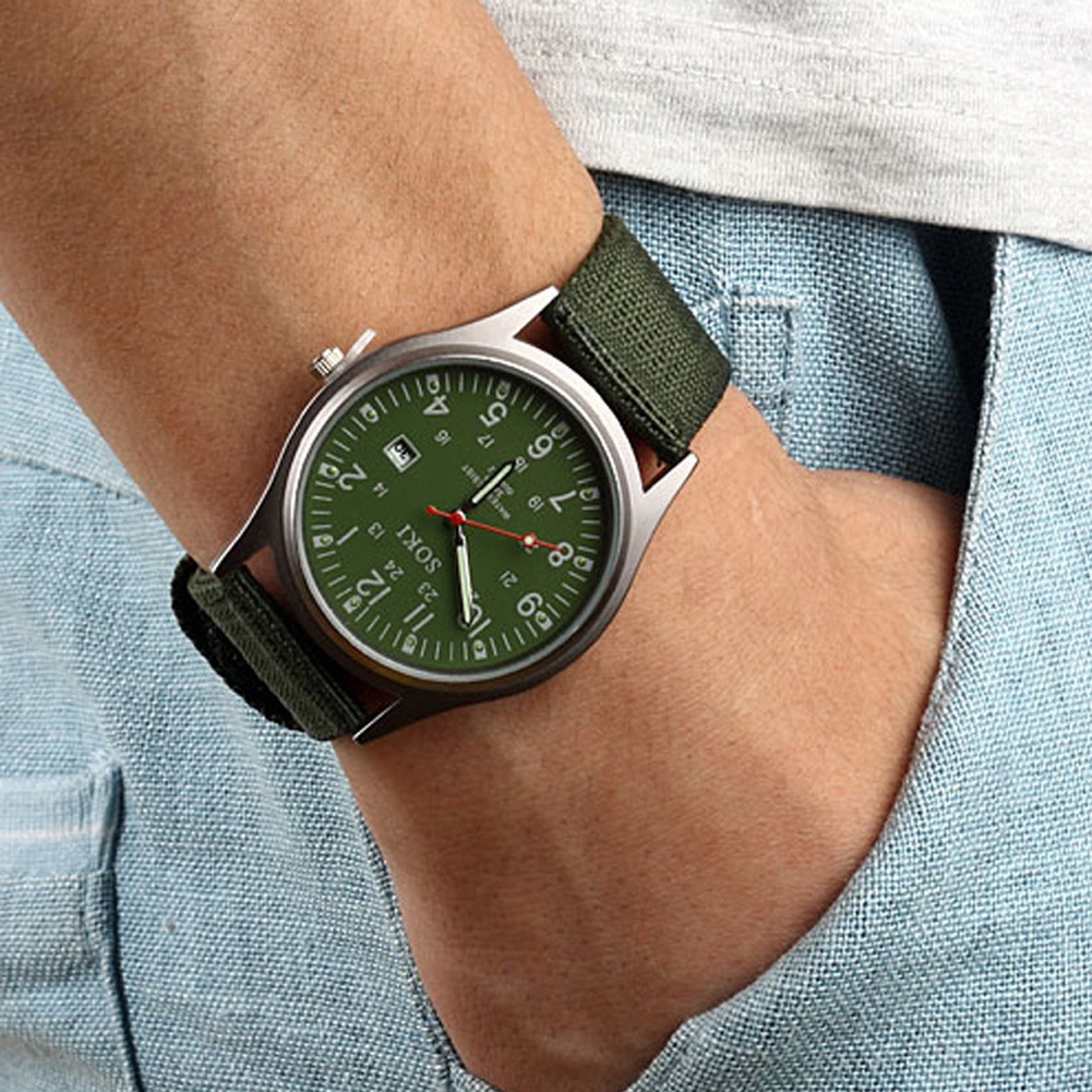 MACmk Men Weave Nylon Band Arabic Numerals Dial Calendar Analog Quartz Wrist Watch