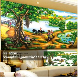 Tranh đính đá phong cảnh làng quê 2mx90 150x70cm 1.2mx60cm