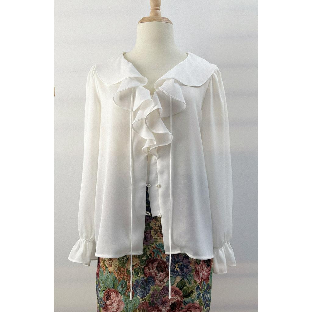 Áo sơ mi trắng công sở cổ bèo thắt nơ chất voan tiểu thư phong cách retro Pháp