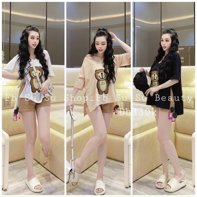 Set đùi gấu thêu cổ tim xẻ tà xinh xắn D1