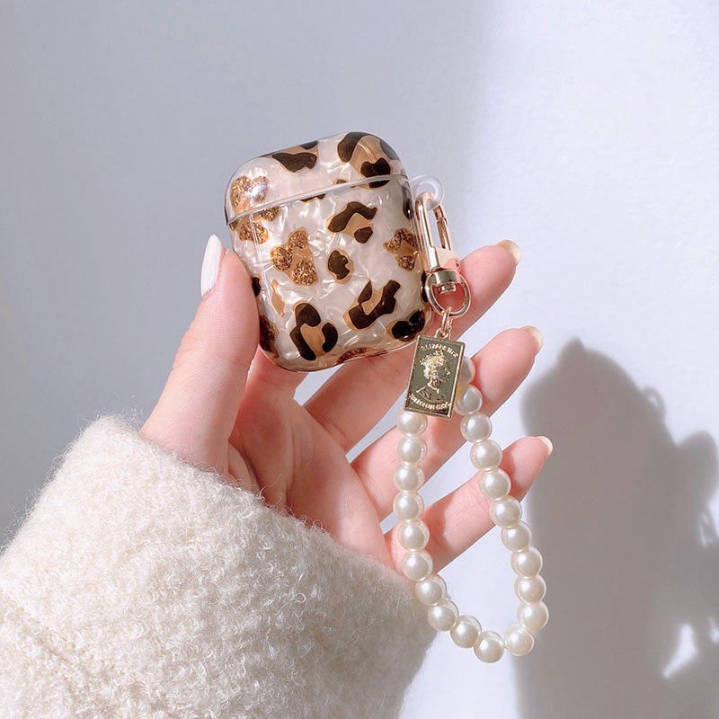 Vỏ Bảo Vệ Hộp Sạc Tai Nghe AirPods Pro 2 3 AirPods 1 / 2 / 3 Họa Tiết Da Báo Đính Ngọc Trai Sang Trọng Kèm Móc Khóa Tiện Dụng