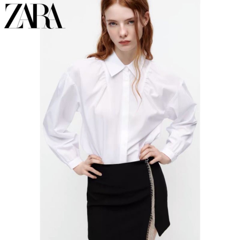 Áo sơ mi ZARA xuất xịn voan lụa trắng tay dài phồng dúng cổ đúc