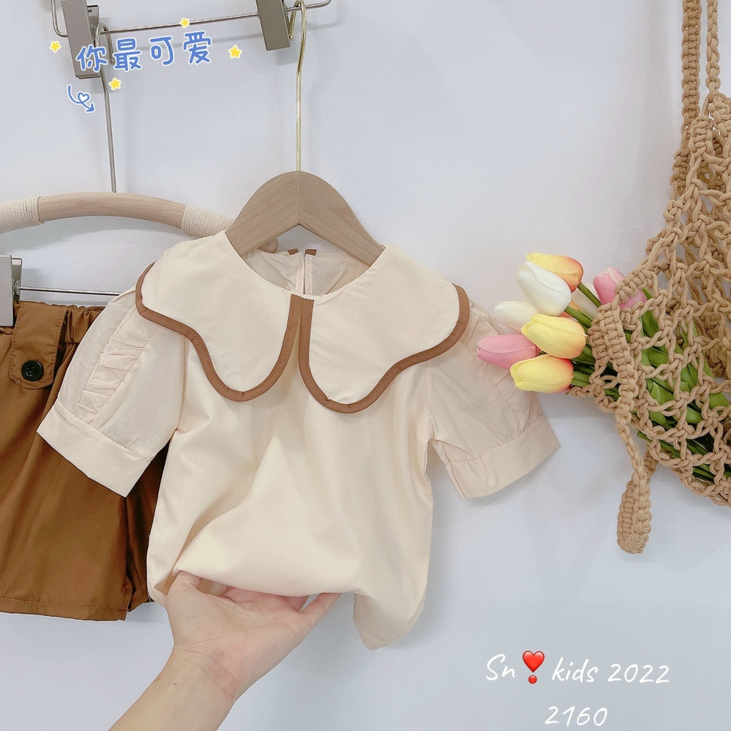 Bộ quần áo bé gái cổ bèo tay ngắn viền nâu cho bé đi họ siêu xinh