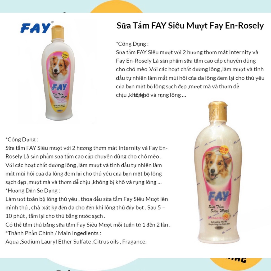 Sữa tắm chó mèo Fay siêu mượt Hương En-Rosely - 300ml & 800ml