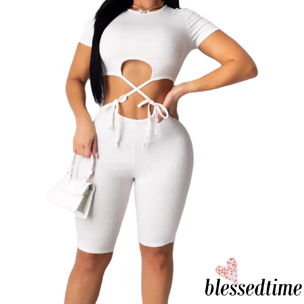 Set 2 Món Áo Thun Tay Ngắn Màu Trơn Phối Quần Short Thời Trang Cho Nữ | BigBuy360 - bigbuy360.vn