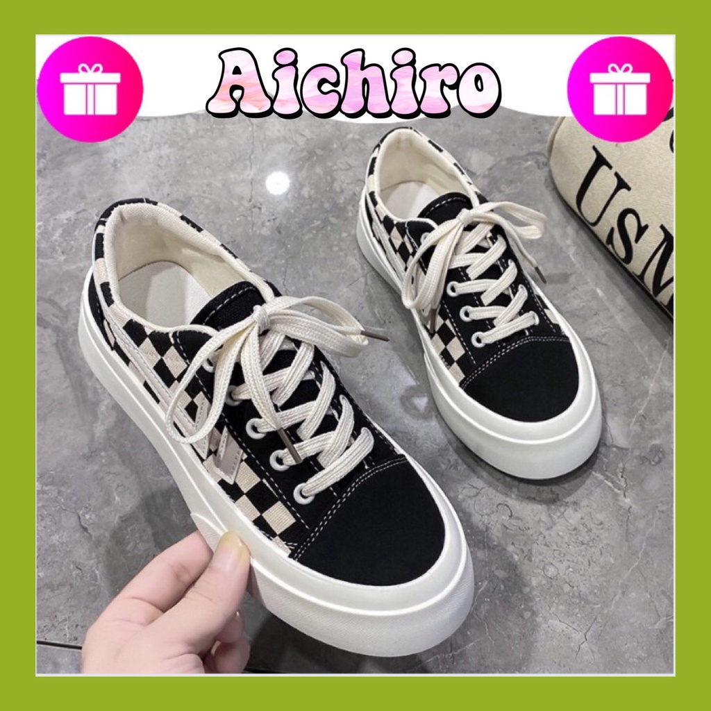 Giày nữ ulzzang đế độn Họa tiết caro đế bánh mì màu mới Hot Trend 2022 AICHIRO