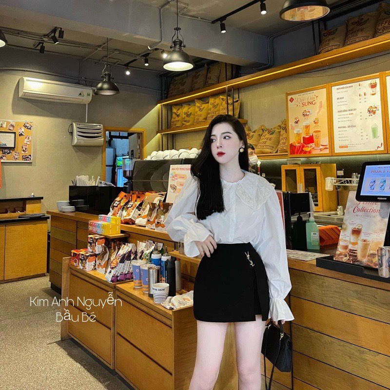 Chân váy chữ A đính cúc hoa chất sịn. Có quần lót trong bo chun không sợ lộ