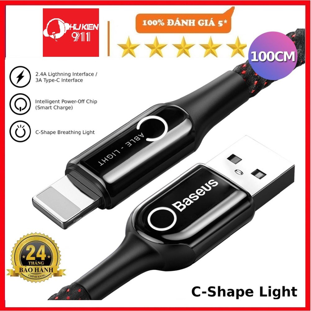Dây cáp sạc Baseus C-shaped tự ngắt thông minh sạc nhanh 2.4A, - dành cho I.O.S chính hãng bảo hành 12 tháng