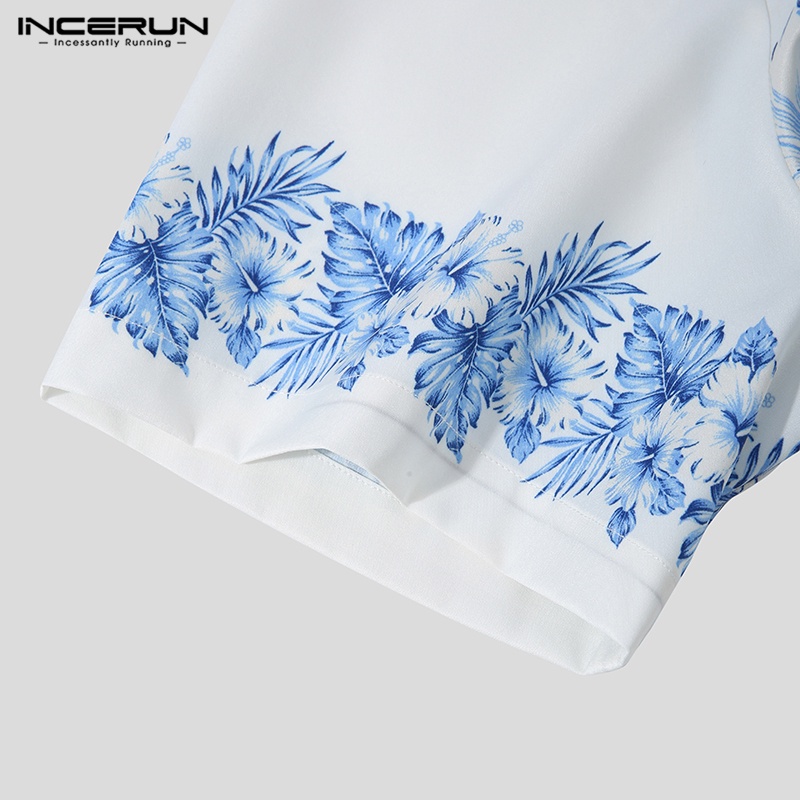 INCERUN Áo Sơ Mi Ngắn Tay Họa Tiết In Thời Trang Đi Biển Mùa Hè Cho Nam
