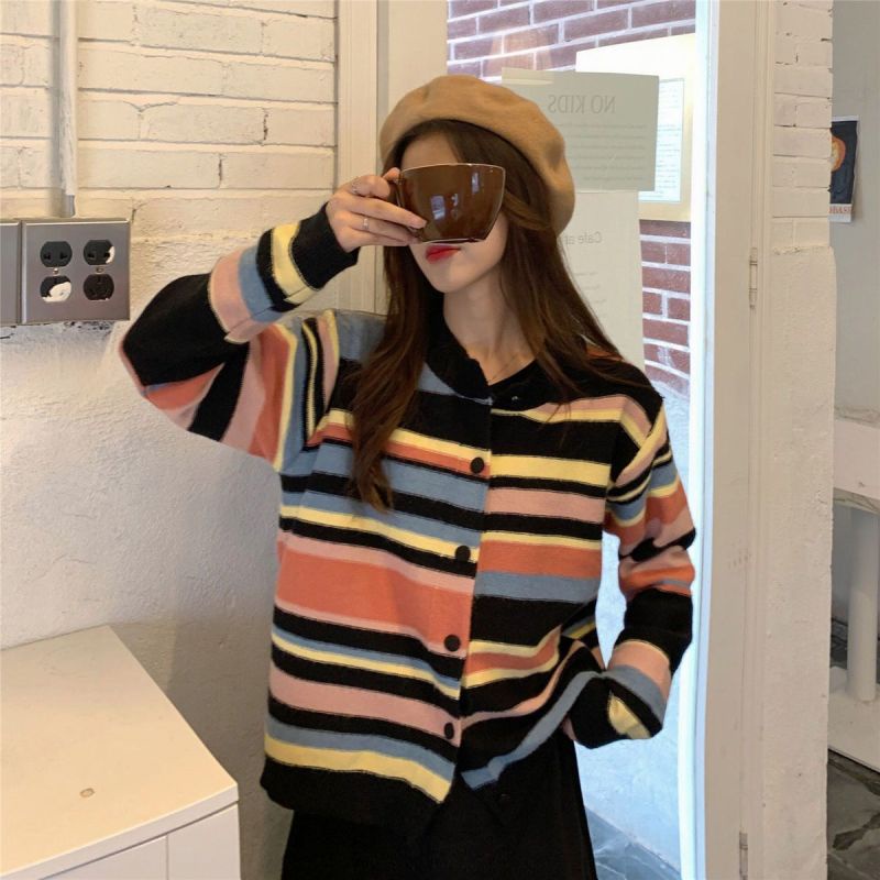 Áo Cardigan Dệt Kim Mỏng Kẻ Sọc Cầu Vồng Phong Cách Thời Trang Pháp Mới Dành Cho Nữ