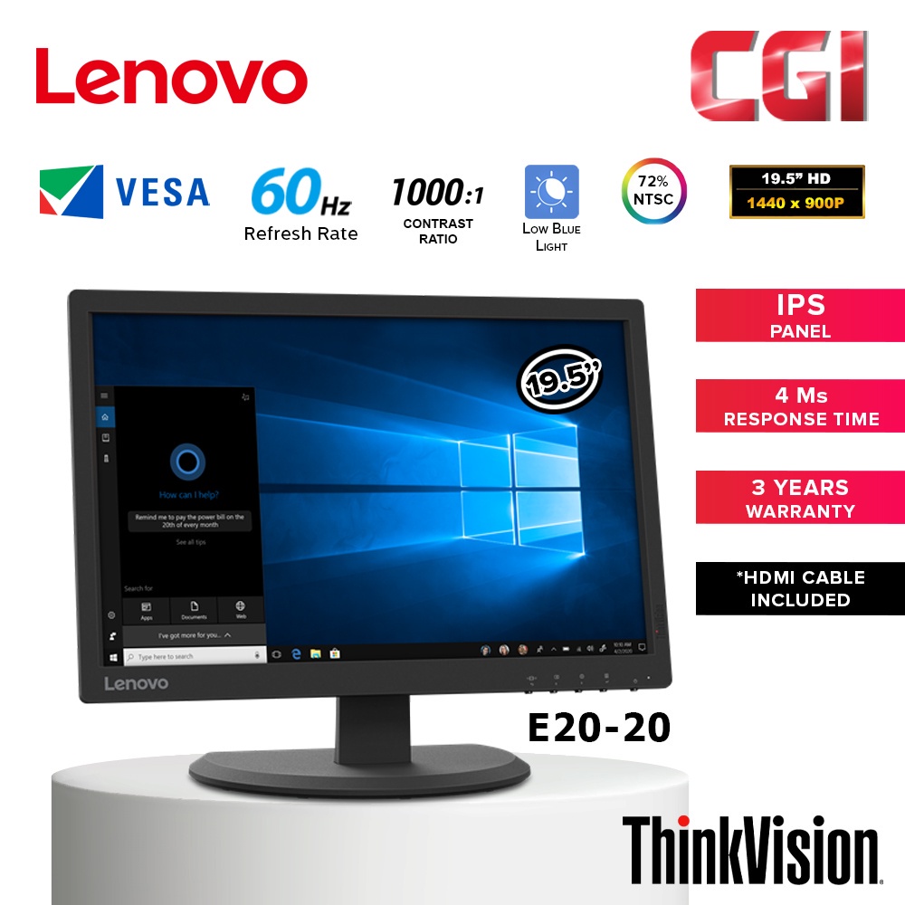 Màn hình máy tính Lenovo ThinkVision E20-20 (62BBKAR1WW) 19.5-inch | 1440x900  | HDMI | VGA | Bảo hành 12 tháng