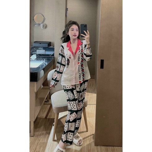 Đồ Bộ Nữ, Đồ Bộ Pijama Lá Bài Dài Tay Chất Satin Mềm Mịn Mặc Tết siêu hot Freesize