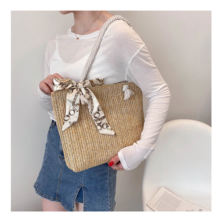 Túi Vuông Cói Lớn Quai Đeo Thừng Phối Dây Vải Xinh