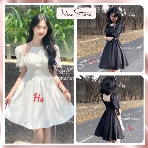 Váy nữ cổ yếm tay phồng dáng xòe đầm midi nữ vai dúm cổ yếm thun eo dáng xòe tiểu thư sang chảnh NinaStore Mã 1079