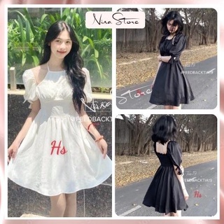 Váy nữ cổ yếm tay phồng dáng xòe đầm midi nữ vai dúm cổ yếm thun eo dáng xòe tiểu thư sang chảnh NinaStore Mã 1079