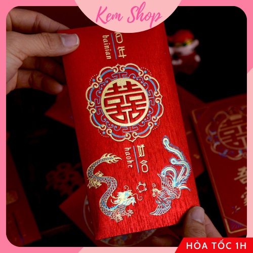 Bao lì xì chữ hỷ trao duyên họa tiết long phượng giấy nhũ cao cấp dùng cho đám cưới, ăn hỏi đại lễ - Kem Shop K286
