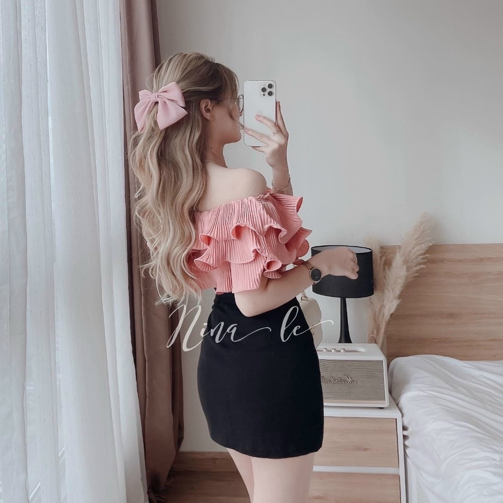 Sét bộ đồ nữ áo dập ly xếp tầng xòe bèo ( có mút ngực ) siêu xinh kèm chân váy tôn dáng thời trang đi chơi dạo phố