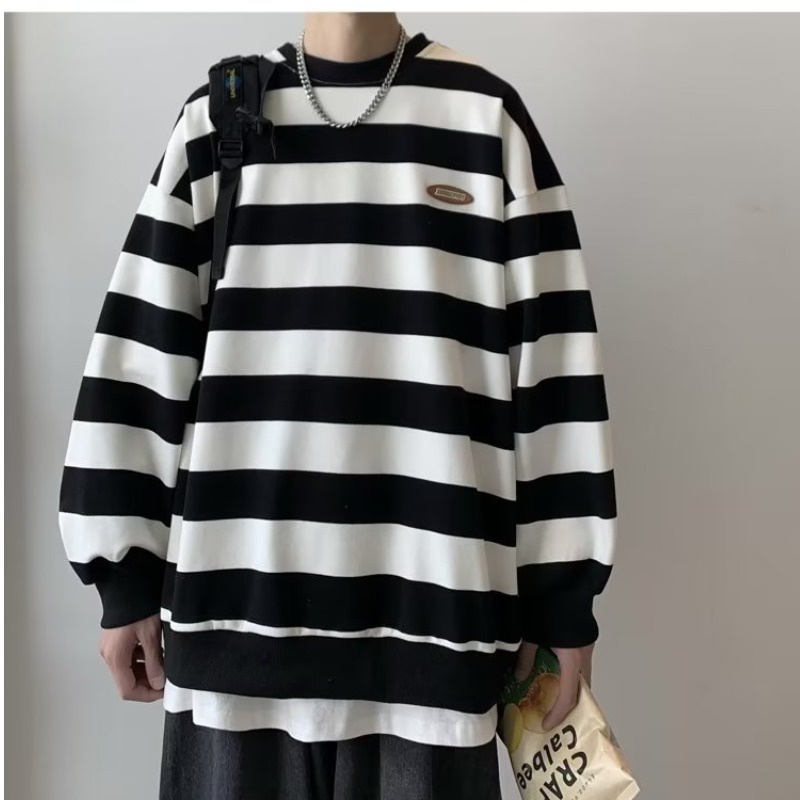 Size M-5XL Áo Sweater Cổ Tròn Dáng Rộng Họa Tiết Kẻ Sọc Màu Tương Phản Phong Cách Nhật Bản Thời Trang Cho Nam Và Nữ