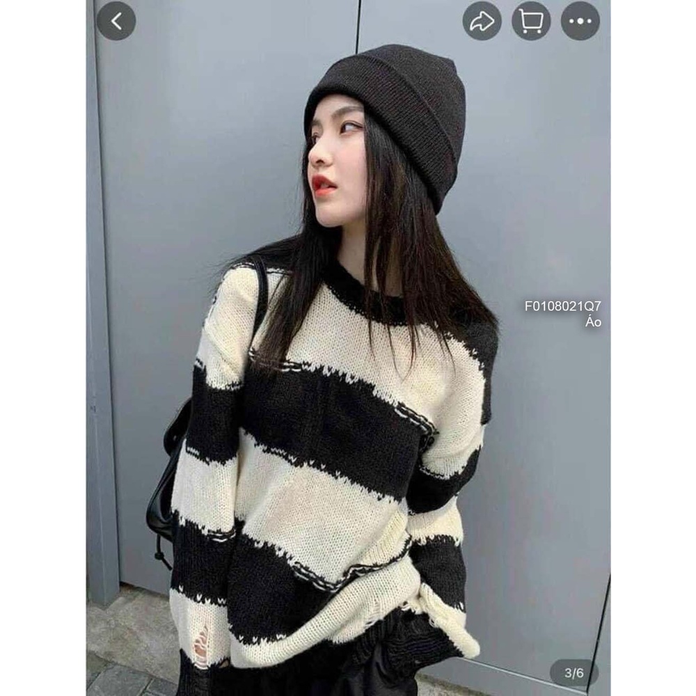 Áo len rách sọc màu form rộng tay dài hàng QC!
