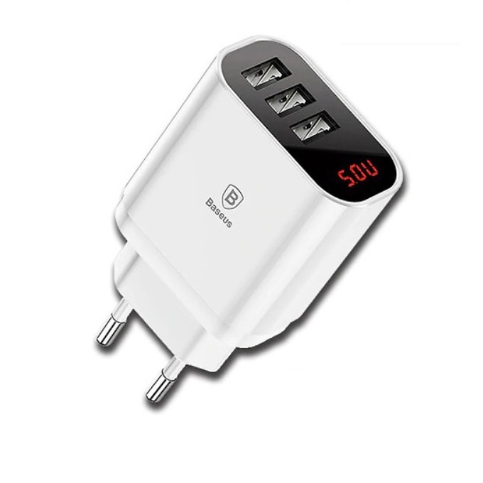 Cốc Sạc 3 Cổng thông minh Thương hiệu Baseus có Màn Hình Đèn Led Hiển Thị Điện Áp Ra