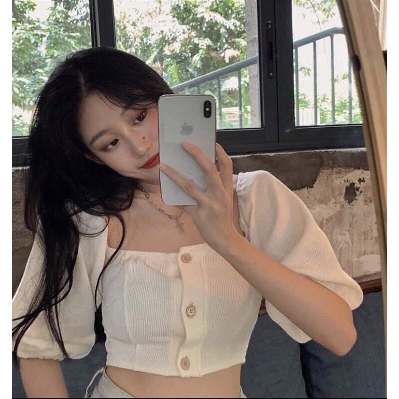Áo croptop nữ tay phồng dáng crop màu trắng, kem, xanh, hồng