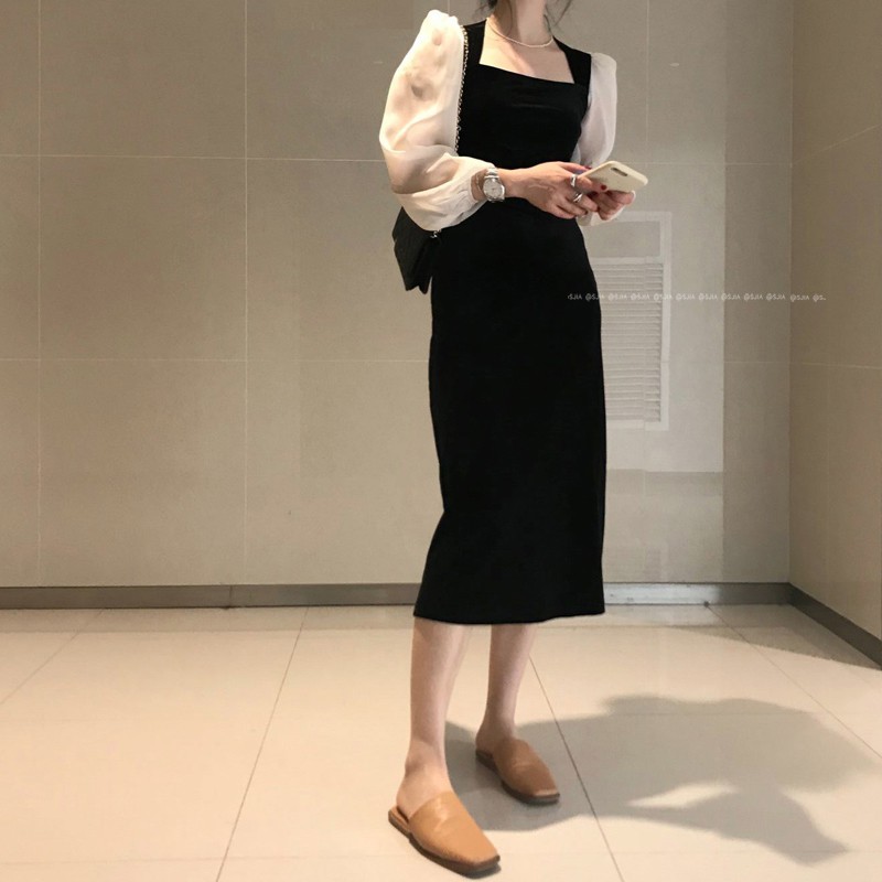 Váy nhung cổ vuông body