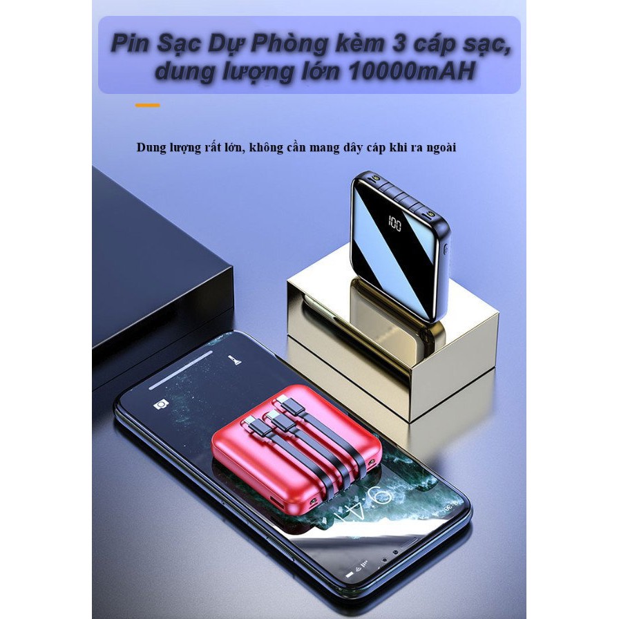 Pin sạc dự phòng mini tích hợp 3 cáp sạc Lightning Type-C  Micro đa năng dung lượng lớn 10000mAH