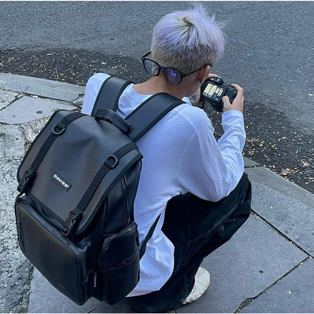 Balo đi học nam nữ Davies da màu đen Leather Box Backpack.