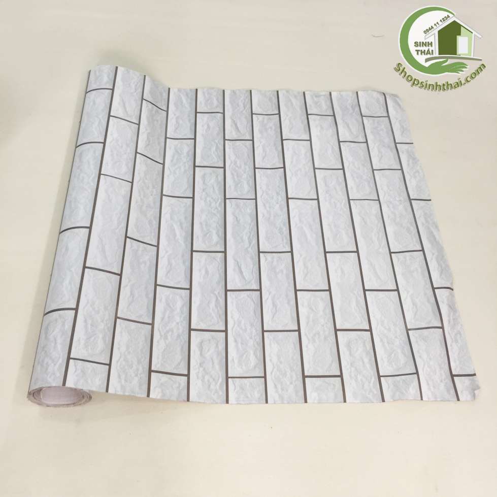 Giấy dán tường giả gạch màu xám trắng,  có sẵn keo