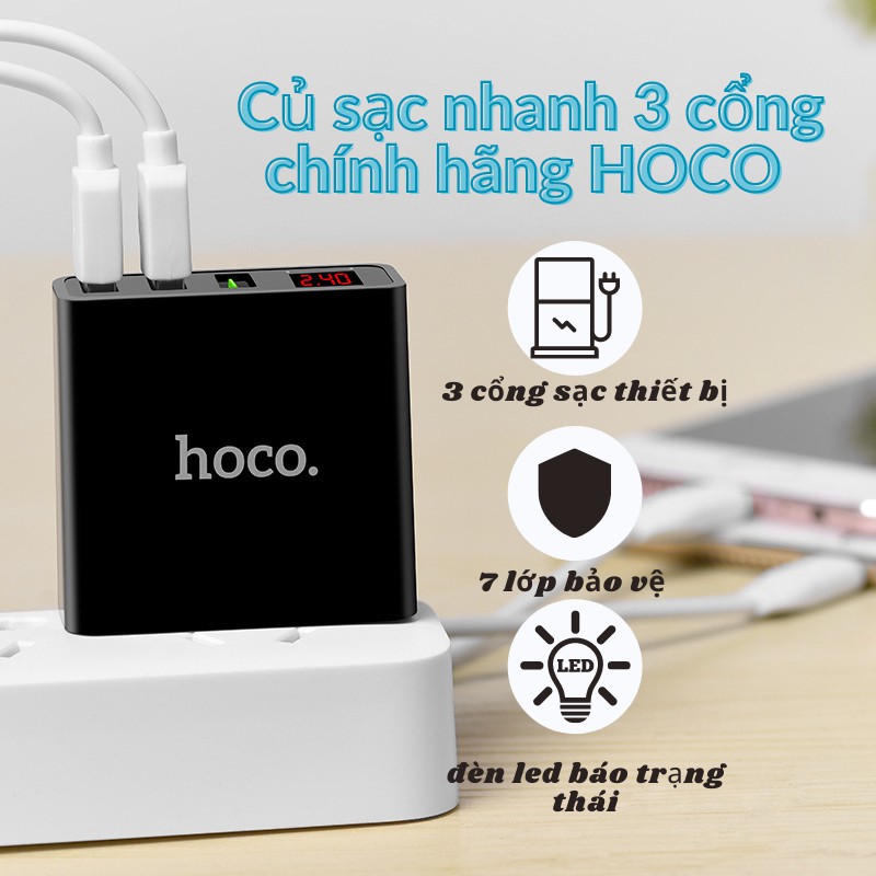 Củ sạc 3 cổng USB Hoco C15-cốc sạc nhanh chính hãng có đèn led báo trạng thái