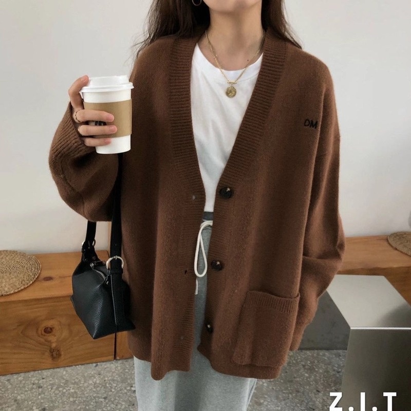 Áo khoác cardigan dệt kim dáng rộng thiết kế thời trang mùa đông theo phong cách Hàn Quốc thích hợp cho nữ
