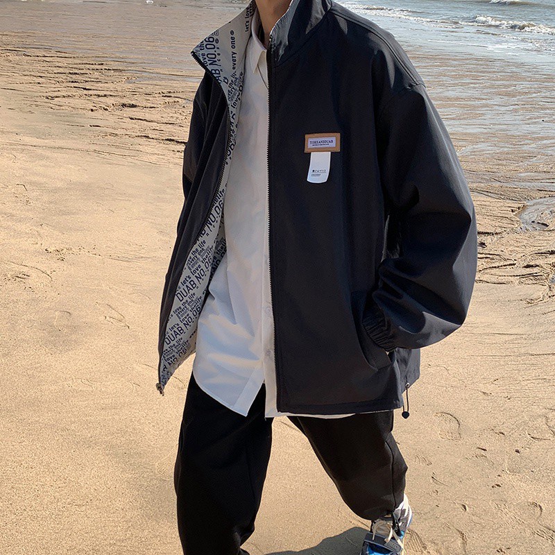 Áo khoác cổ đứng dáng rộng in họa tiết mặc được hai mặt phong cách đại học kiểu Hàn hợp thời trang dành cho nam