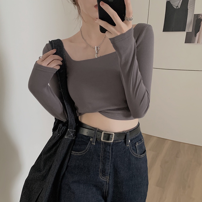 Áo Croptop Nữ Trơn Cổ Vuông Tay Dài Kiểu Ôm Body Cotton 100%, Co Giãn 4 Chiều, Áo Dài Tay Thu Đông A04