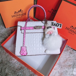 TÚI XÁCH HM KELLY DA CÁ SẤU VIP SIZE 25 HỒNG, TRẮNG