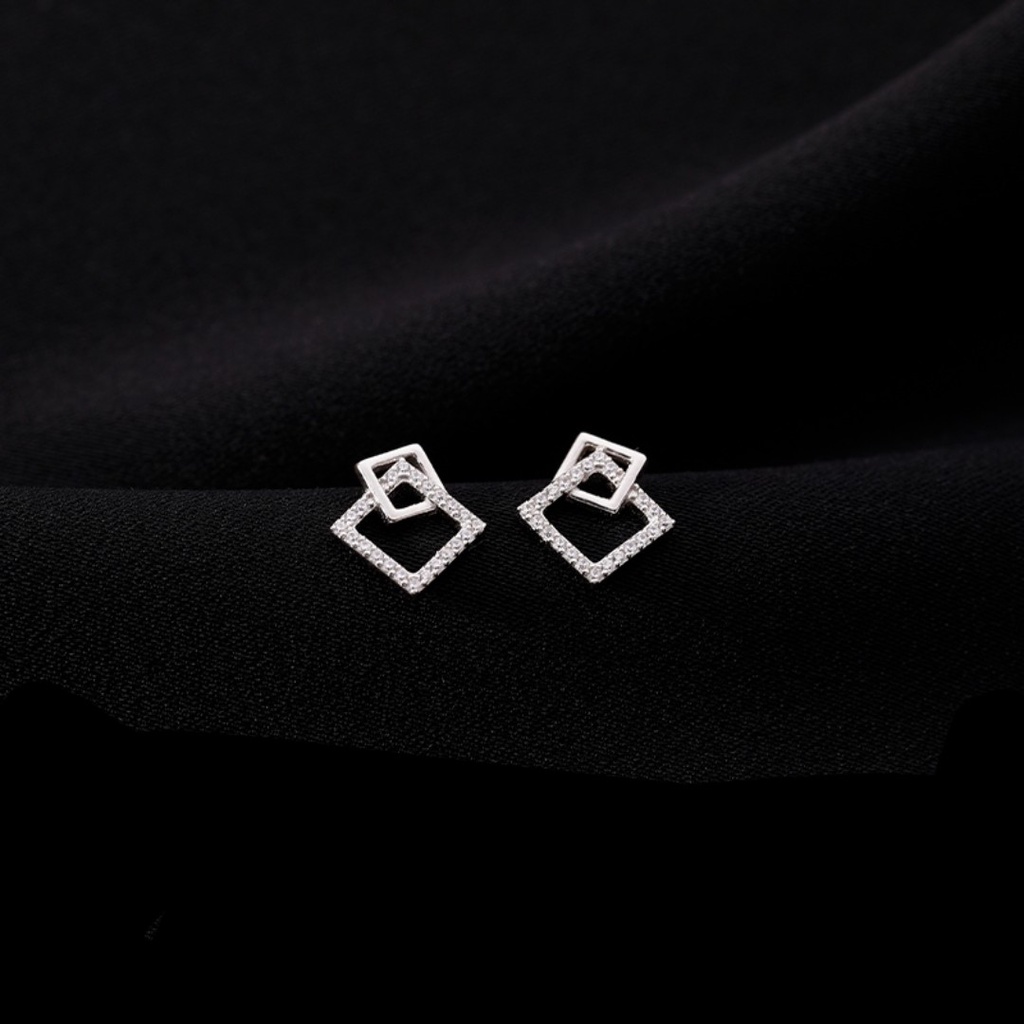 Bông tai bạc nữ DaLiA Jewelry khuyên tai hình vuông lồng vào nhau cá tính hoa tai chuẩn bạc không gỉ an toàn cho da