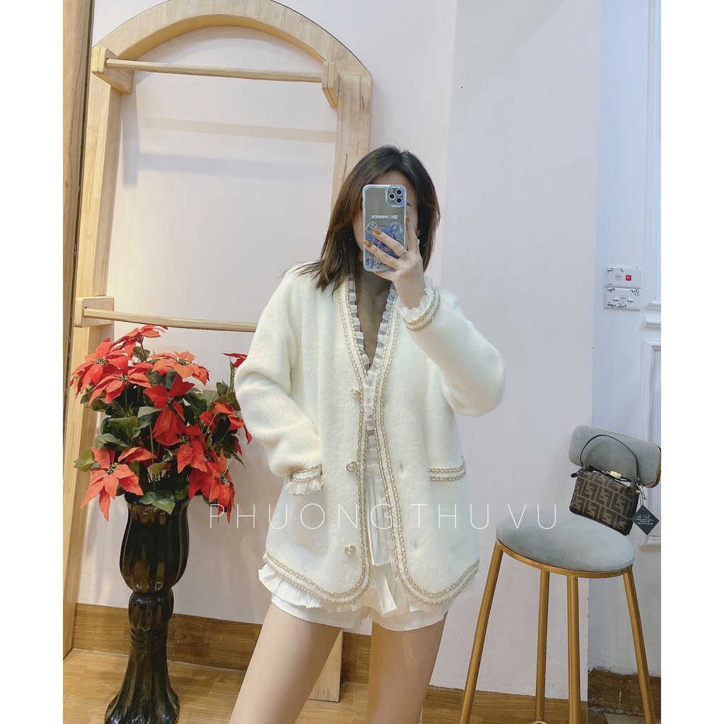 (HÀNG SẴN - ảnh thật) Áo khoác cardigan len lông mềm mịn cổ phối voan viền ánh nhũ lấp lánh Hàn Quốc cao cấp sang chảnh | BigBuy360 - bigbuy360.vn
