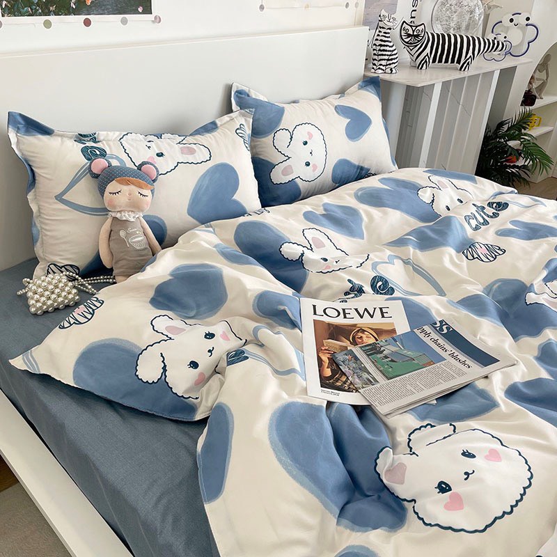 Bộ vỏ chăn ga gối cotton poly Lidaco decor phòng ngủ vintage - Thỏ tim xanh
